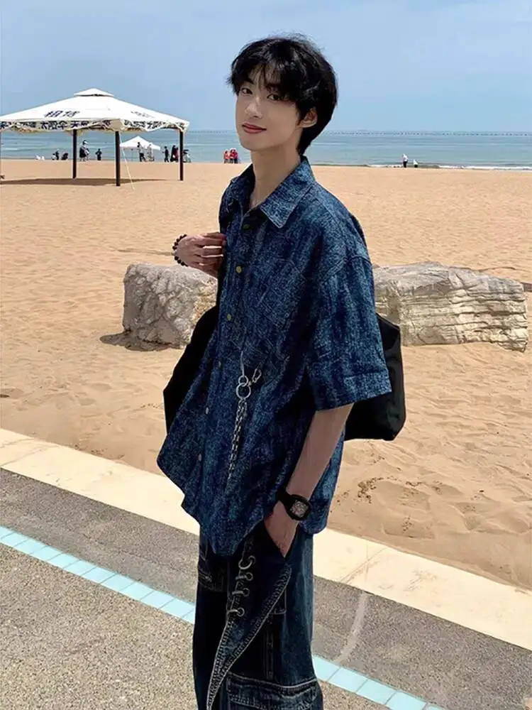 Unisex Denim Shirts 2026 Summer Men Vintage Denim Short Sleeve Shirt Washed Tie Dye Shoulder Pads Casual Streetwear