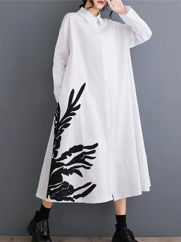 Oversized primavera outono manga longa camisa vestido feminino floral impressão moda senhoras vestidos casuais solto vestido de mulher