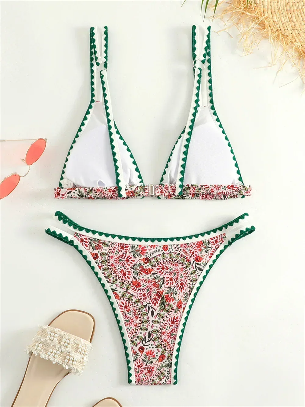 Tendance imprimé Bikini bretelles bordées maillot de bain string Push Up Y2K Boho maillots de bain Kawaii femmes deux pièces brésil maillots de bain maillot de bain