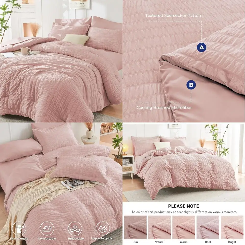 

King Size Rose Gold Seersucker Comforter Set, 7-Piece All-Season Luxury Bedding Ensemble with Sheets, Pillowcases & Shams
