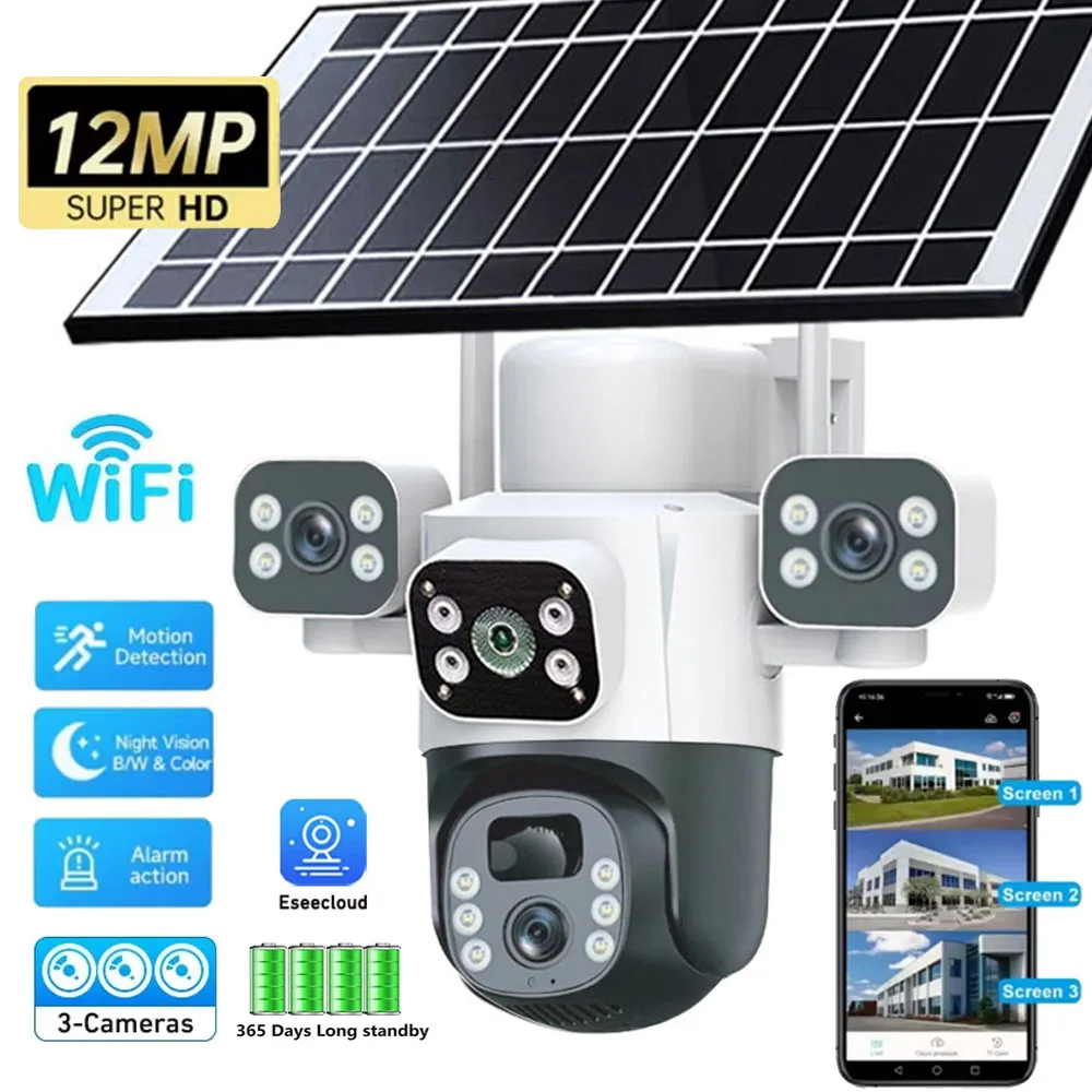 12MP WIFI Sola Camera CCTV Three Lens Three Screen Auto Tracking Security Protection Outdoor PTZ IP Cameras Surveillance