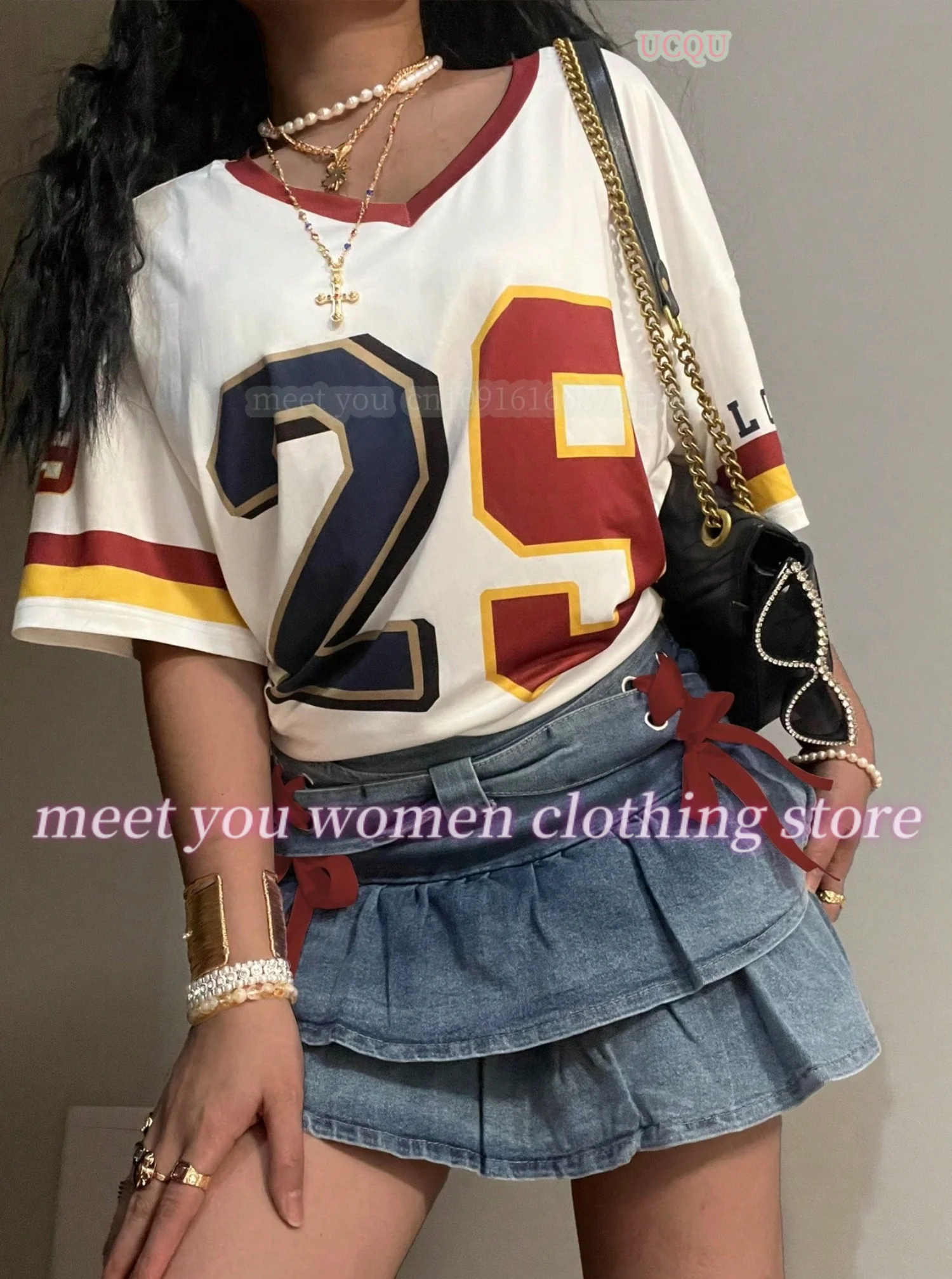 T-Shirt manches courtes col en v pour femmes, imprimé Los Angeles numéro 29, graphique d'été, maillots de Baseball, T-Shirt de Sport surdimensionné à rayures