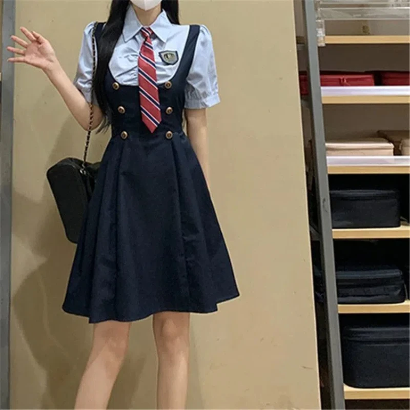 Japan JK Preppy Style Two Piece Dresses Set Fashion Summer New Women Badge Button Short Sleeve Shirt Skinny Strap Dress Suit