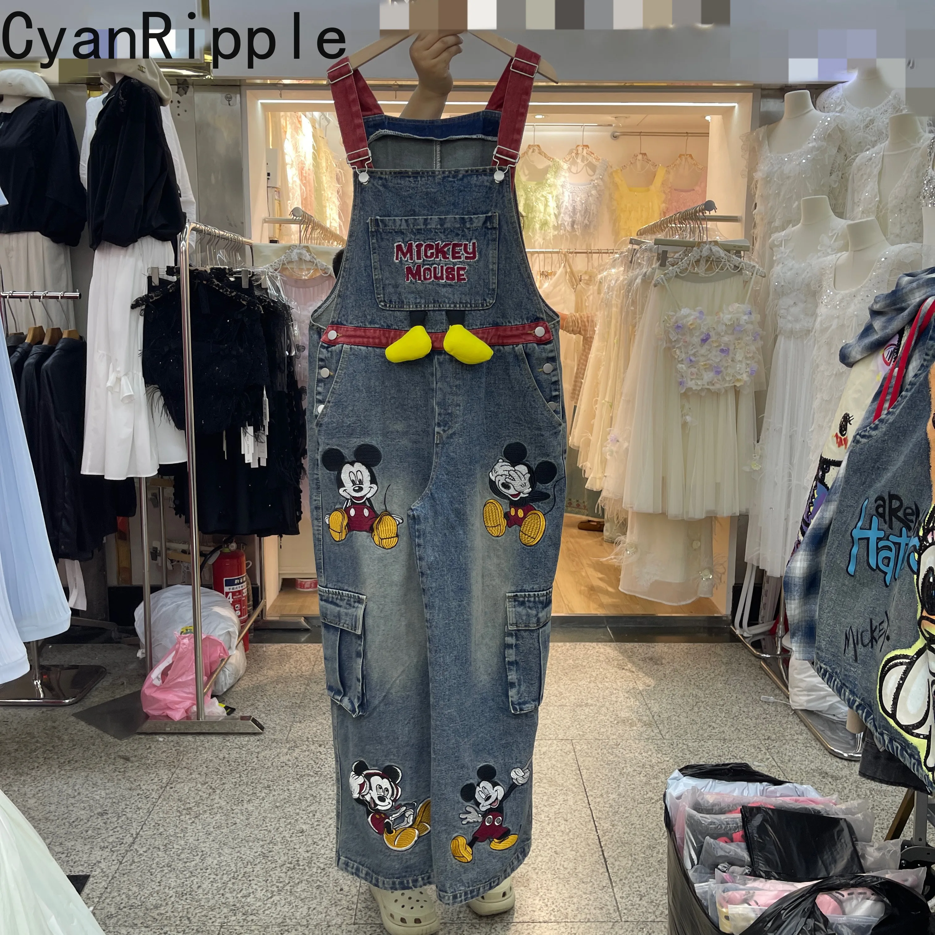

American Retro Women Denim Jumpsuits New Spring Summer Cartoon Mickey Embroidery Casual Overalls Wide Leg Straight Blue Jeans