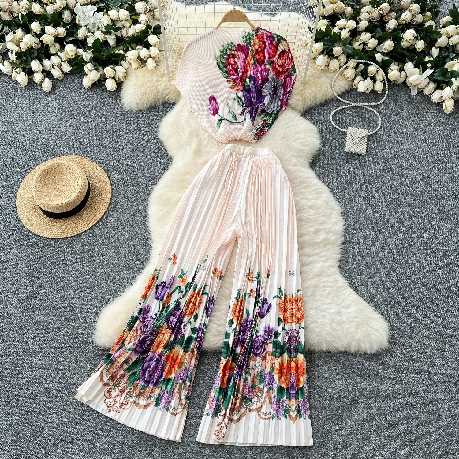 Women Two-Piece Sets Basics Print Pleated Short Sleeve Top and High Waist Loose Wide Leg Pants Korean Fashion Casual Clothing