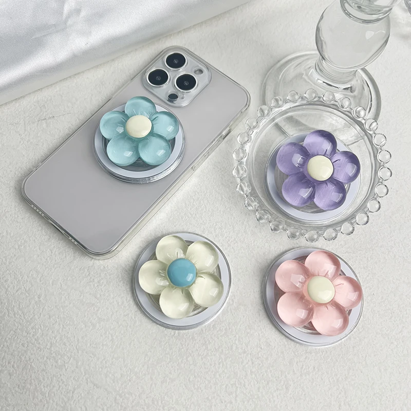 Magnetic Cute Floral Retractable Grip for Magsafe IPhone Transparent Resin Candy-Colored Flower Phone Holder Foldable Stand