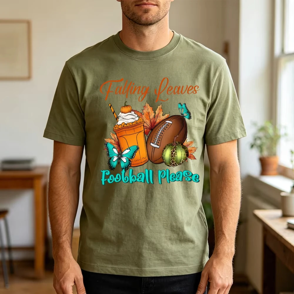 Falling Leaves Football Pumpkin Autumn Season Graphic Tee Men Casual Short Sleeve T Shirt Fall Outdoor Sports Tops
