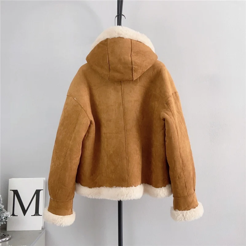 Real Wool Fur Hooded Jackets Women Winter New Horn Button Fashion Design Thick Warm Short Coats Trend Motorcyle Style Overcoats