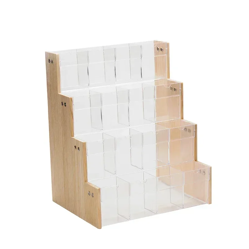 Wood Acrylic Pen Holder with Price Slot Stationery Storage Rack Brush Case Organizer Supermarket Display Stand Cosmetic Shelf