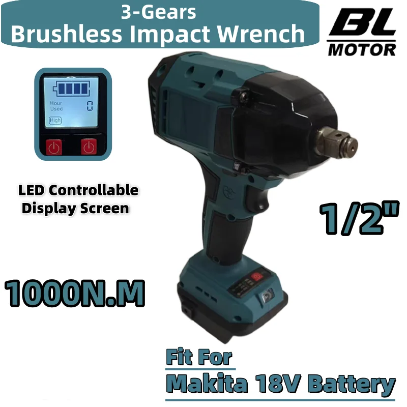 Brushless Electric Impact Wrench 1000N.M Cordless High Torque 3 Speed 1/2 Inch Repair Wrench Power Tool For Makita 18V Battery
