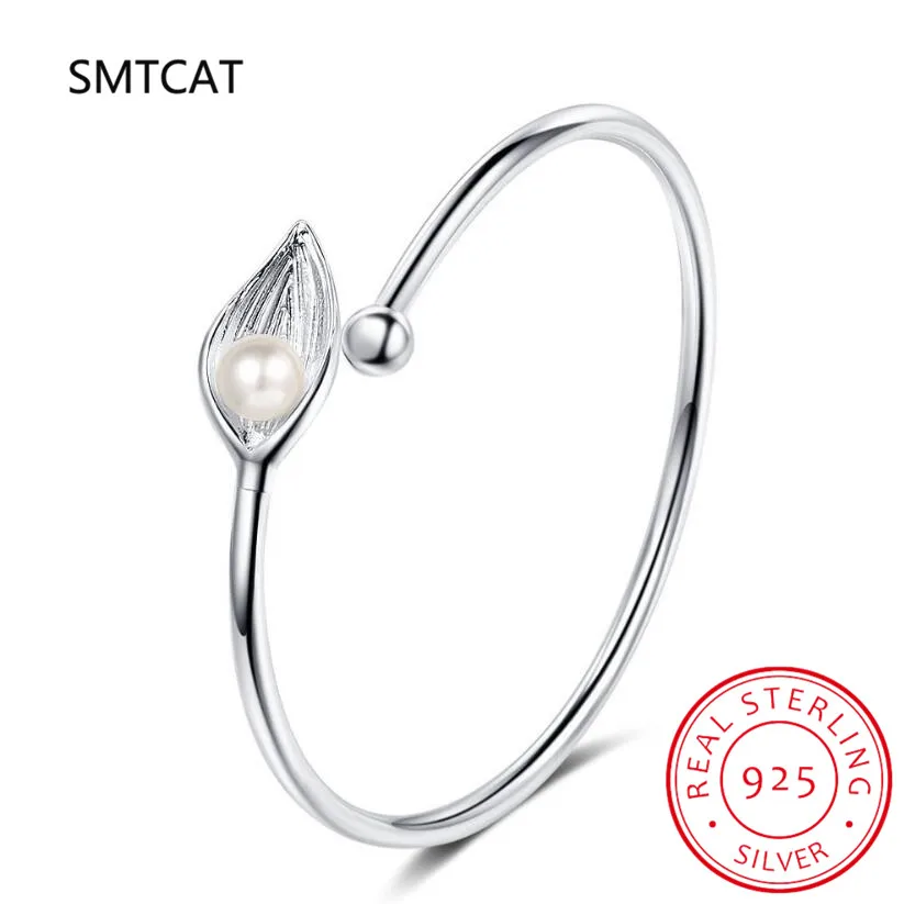 Vintage 925 Sterling Silver Leaves Cuff Resizable Bracelet Bangles Women AAA Zircon Pearl Jewelry Fashion Accessory