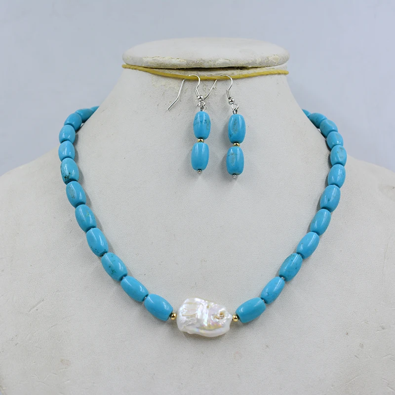 كلاسيكي 8 ملم حجر شبه كريم طبيعي. طقم أقراط قلادة من اللؤلؤ الباروكي مقاس 17 بوصة