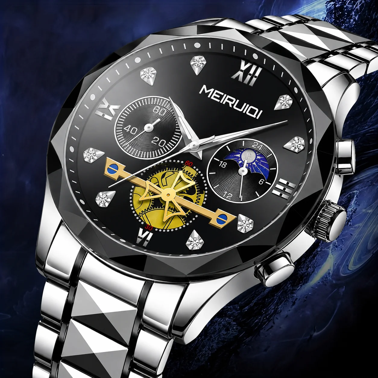 1 Piece Men's Silver-Black Steel Band Sporty Fashion Sun-Moon Ancient Roman Multifunctional Quartz Watch