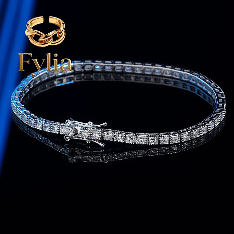 

Fylia Jewelry Luxury Solid Platinum PT950 Women's 2MM Moissanite Diamond Princess Square Bracelet Full Diamond Bracelet