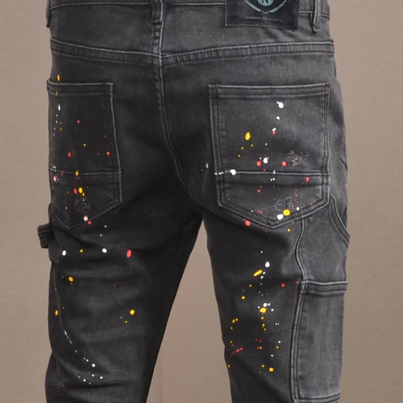 Pantalones vaqueros rasgados con agujeros para Hombre, Jeans Retro elásticos, color negro y gris, diseño pintado, Hip Hop