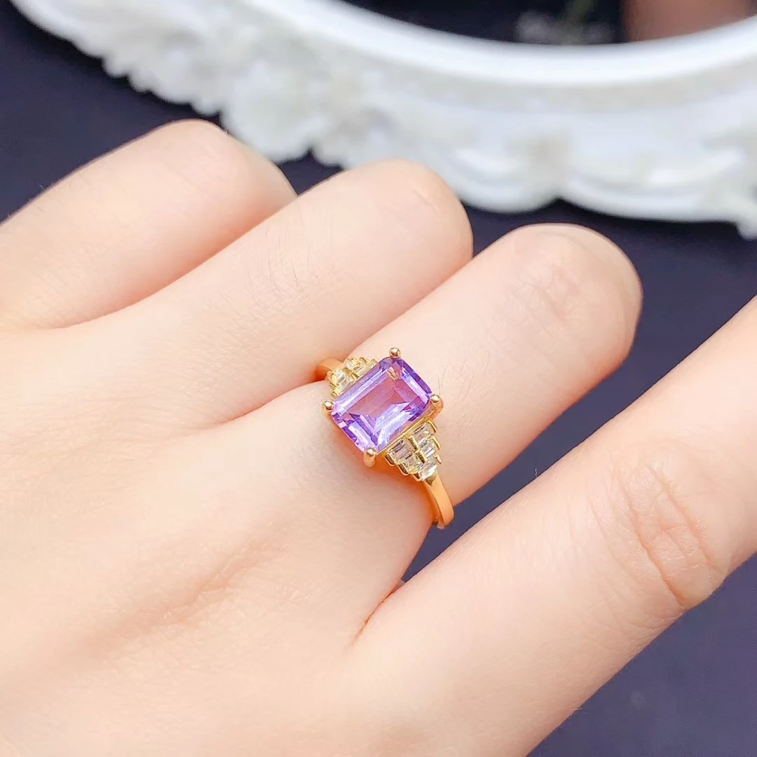 18K مطلية بالذهب جمشت الدائري 1.2ct 6 مللي متر * 8 مللي متر VVS الصف الجمشت الطبيعي خاتم فضة للنساء مكتب 925 الفضة كريستال مجوهرات