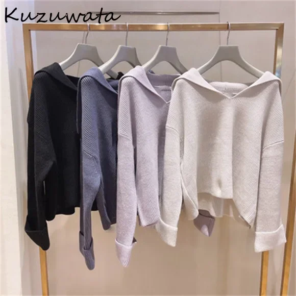 Kuzuwata Japanese Jumper 205 Autumn Winter New Sweater Women Sweet Simple Solid Sailor Collar Long Sleeve Rib Knitted Pullover