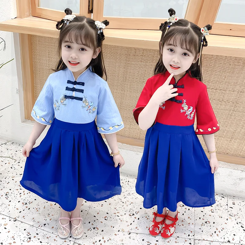 Conjunto de dos piezas de Hanfu antiguo tradicional para niños y niñas, traje Tang con estampado de botones Vintage de estilo chino, juego de rol