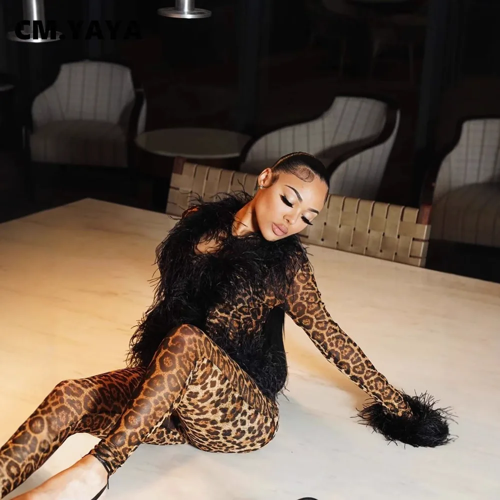 CM.YAYA Fashion Mesh See Though Women's Set Feather Side Long