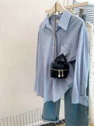 Blue Striped Shirts Women 2024 New Sun Protection Casual Shirt Korean Style Simple Office Lady Buttons Tops Coats