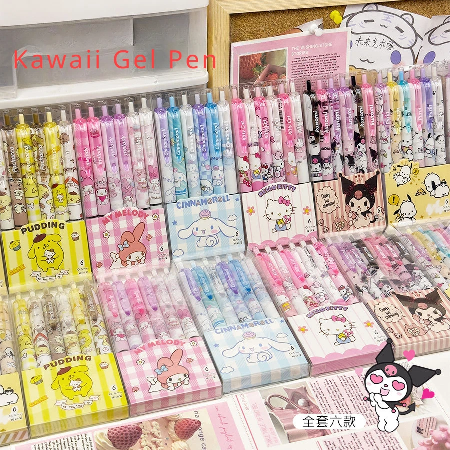 6Pcs Set Kawaii Kuromi Cinnamoroll Gel Pen Cartoon Pochacco ST Quick Drying Black Pens 0.5mm Press Learning Stationery Gifts