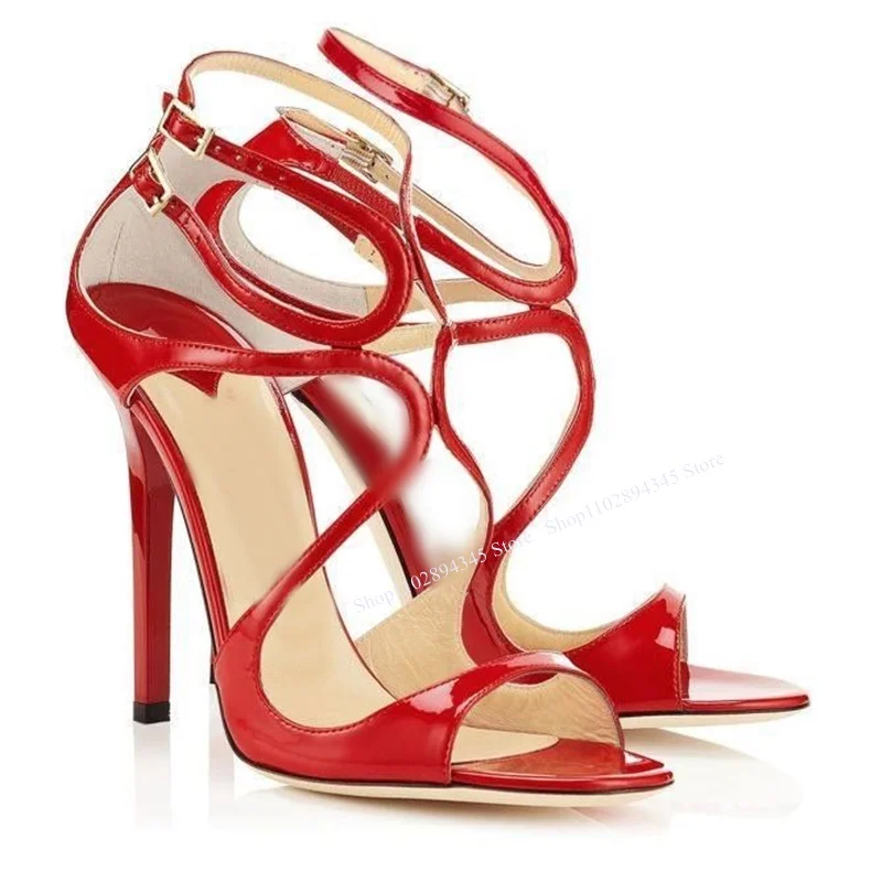 Red Patent Leather Buckle Sandals Thin High High Peep Toe Fashionable Sexy Cool Western Summer Woman Shoes Zapatillas Mujer