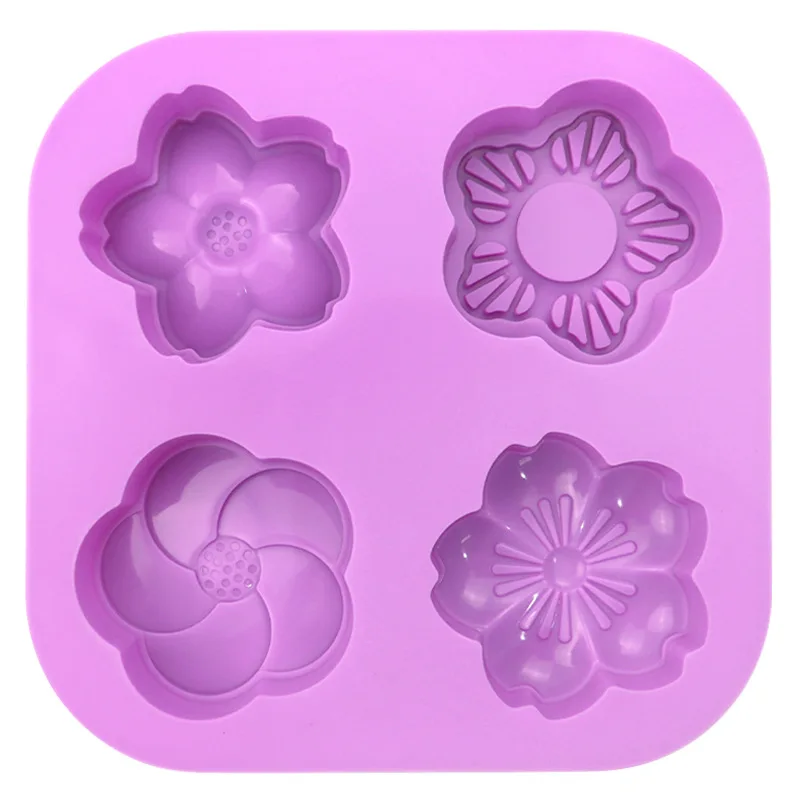 4 different flowers in a row, silicone cake mold, handmade essential oil soap mold, DIY candle mold