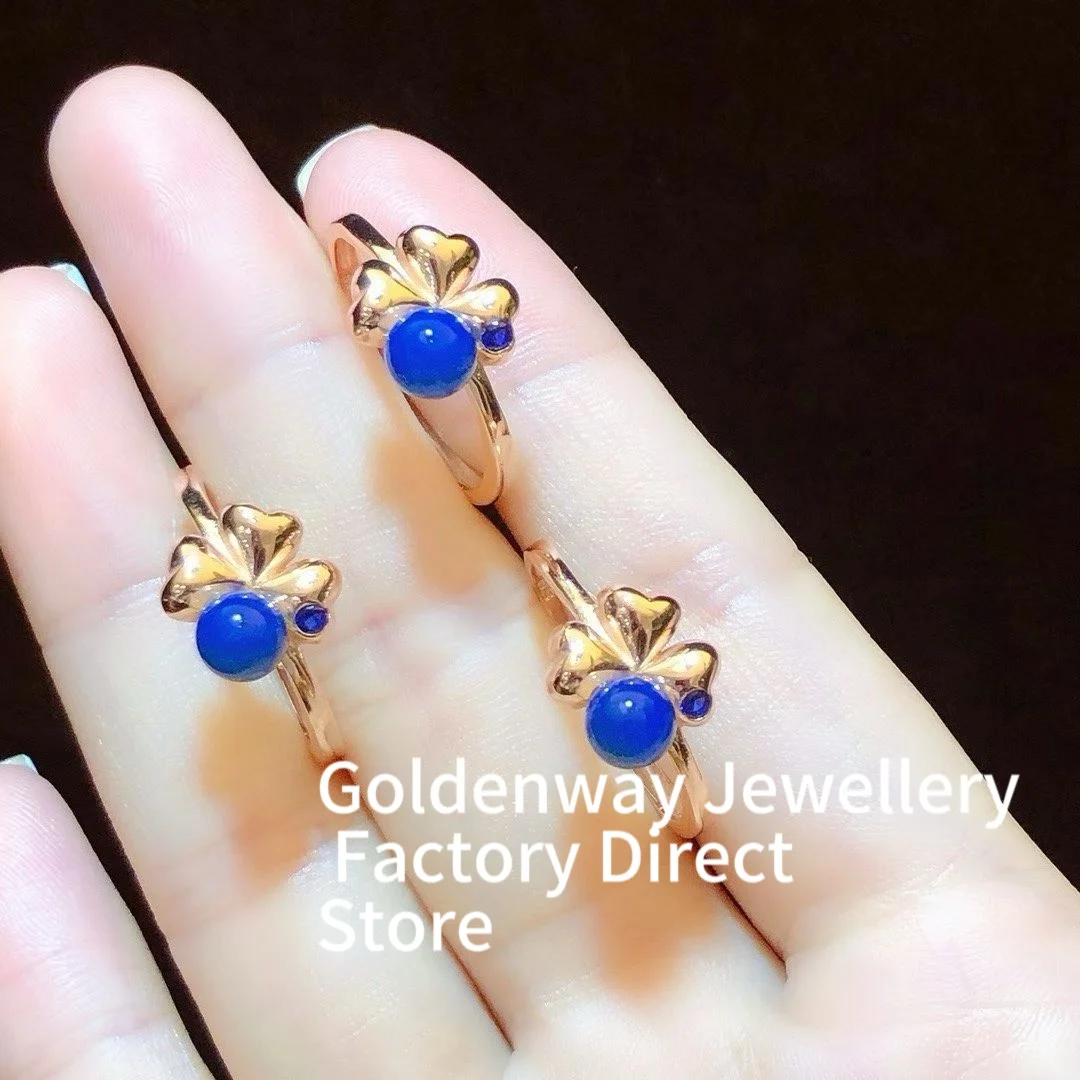Certificated 925 Silver Natural Dominican Blue Amber Women Fine Jewelry Rose Gold Genuine Amber Four-Leaves Clover Finger Ring