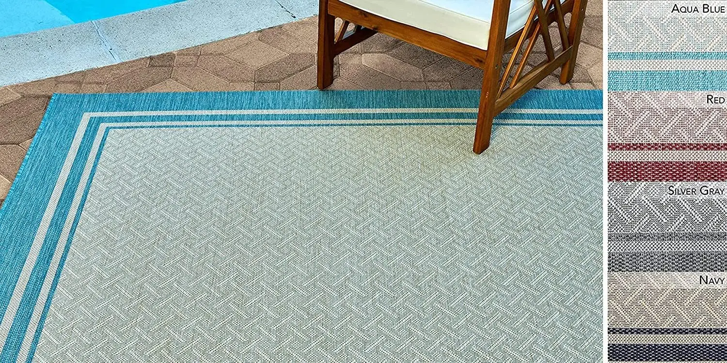 Indoor Outdoor Flatweave Area Rug, Stain & UV Resistant Carpet, Deck, Patio, Poolside & Mudroom, 8x10 Ft Large, Simple Border,