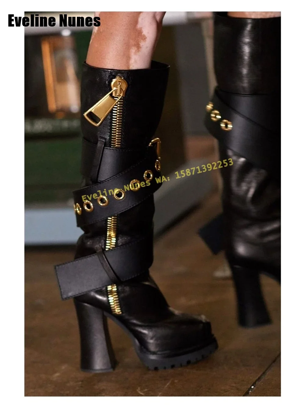 Rivet Belt Buckle Knee High Booties 2025 Trend Round Toe Block Heels Runway Shows Women Platform Fashion Boots Zipper Closure