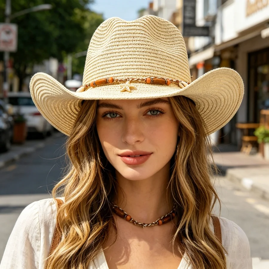 Bohemian Style Straw Cowboy Hat with Starfish and Shell Decorations, Large Brim Sun Protection Hat, Not Stuffy to Wear in Summer, Lightweight and Comfortable, Foldable Holiday Hat
