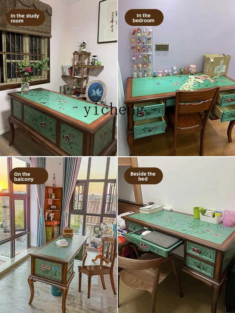 

Integrated Office Desk and Chair Set Computer Vintage Painted Long Desk Solid Wood Writing Desk