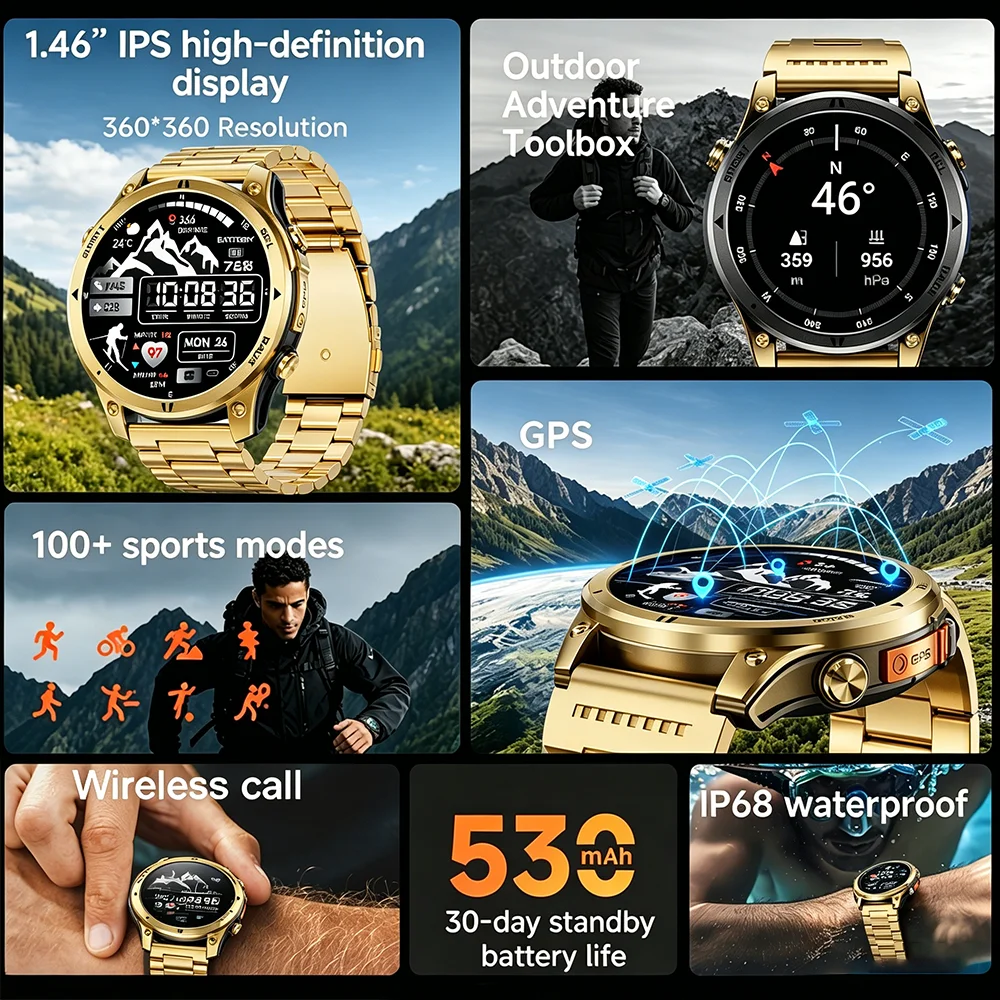 Gold Smartwatch with AMOLED Screen and Flashlight, Gift for Men