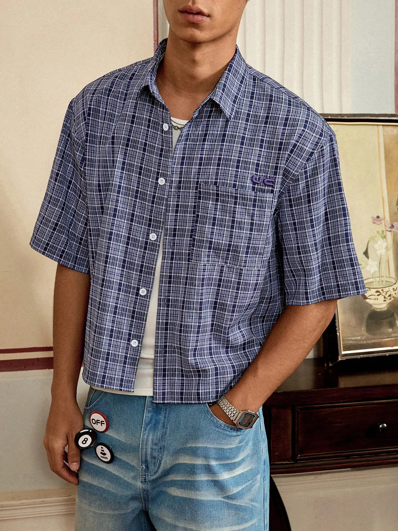 

Men's Loose Fit Short Sleeve Plaid Button-Up Shirt in Blue Purple Check