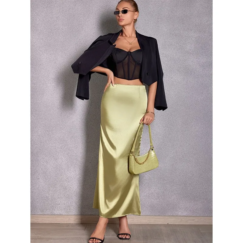 Women's Elegant Long Satin Solid Color Skirt with Zipper – Women's Cheap Clothing Free Shipping Female Clothing For Women