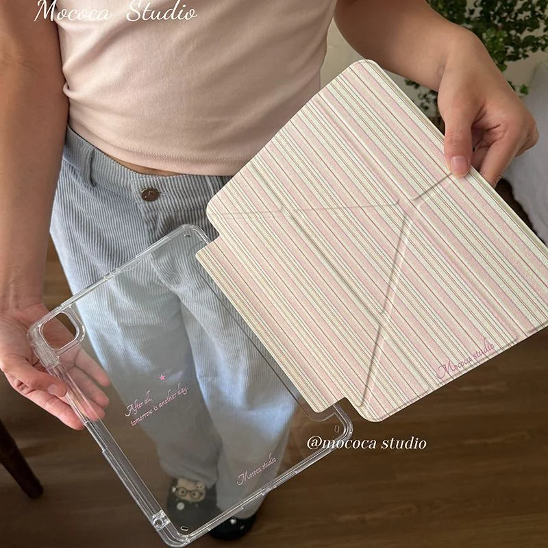 Korean Simple Y2K Pink Stripe Case For iPad Air 11 10th 11th A16 9th For iPad Pro 11 4 5 10.9in 12.9 M2 M3 M4 Mini 7 6 Holder
