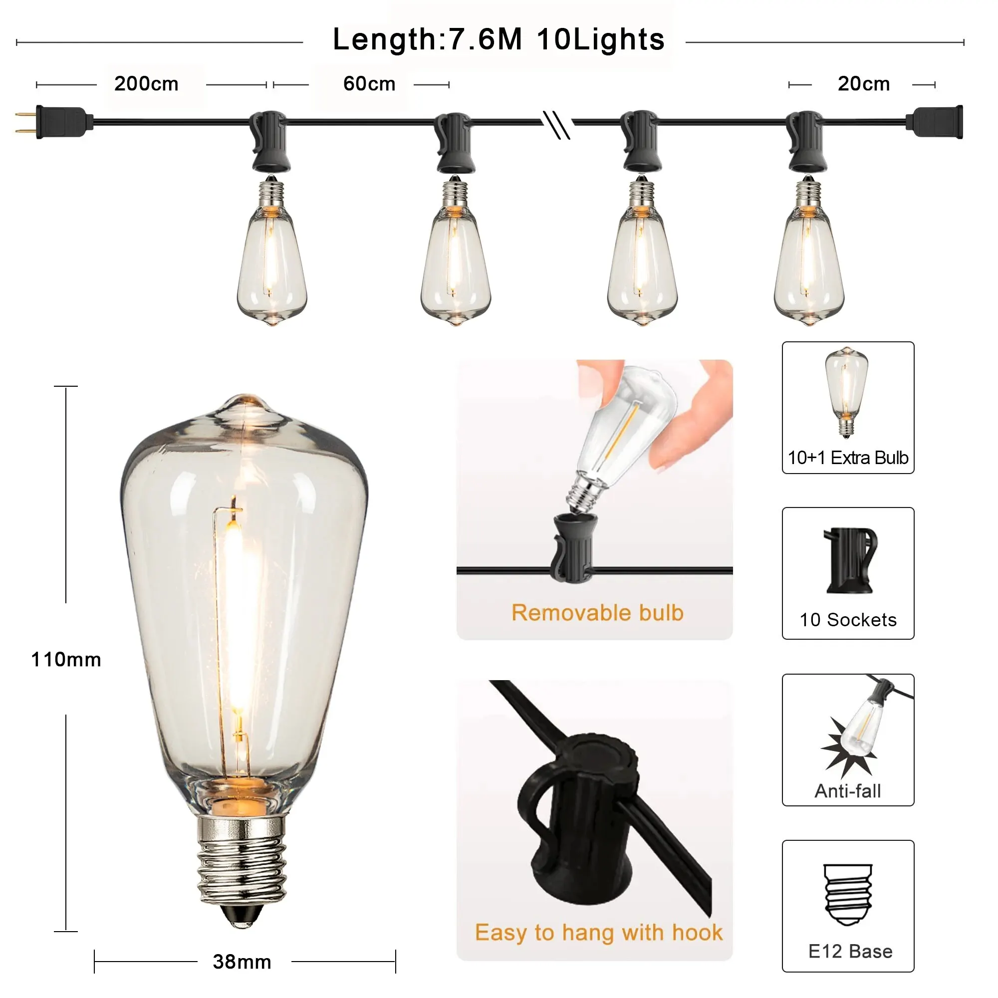 ST38 Lichtslingers Buitenslinger Aansluitbaar Onbreekbaar Waterdicht Plastic LED-lamp Dimbaar Patio Tuin Decor Fairy Lighst