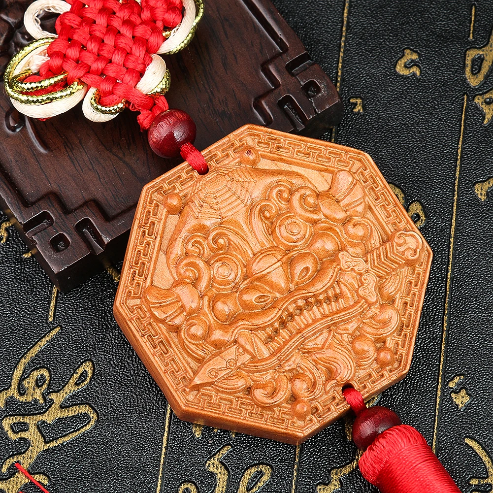 Peachwood Double-sided Carved Beast Head Eight Trigrams Pendant Car Porch Home Door Decoration Living Room Feng Shui Ornament