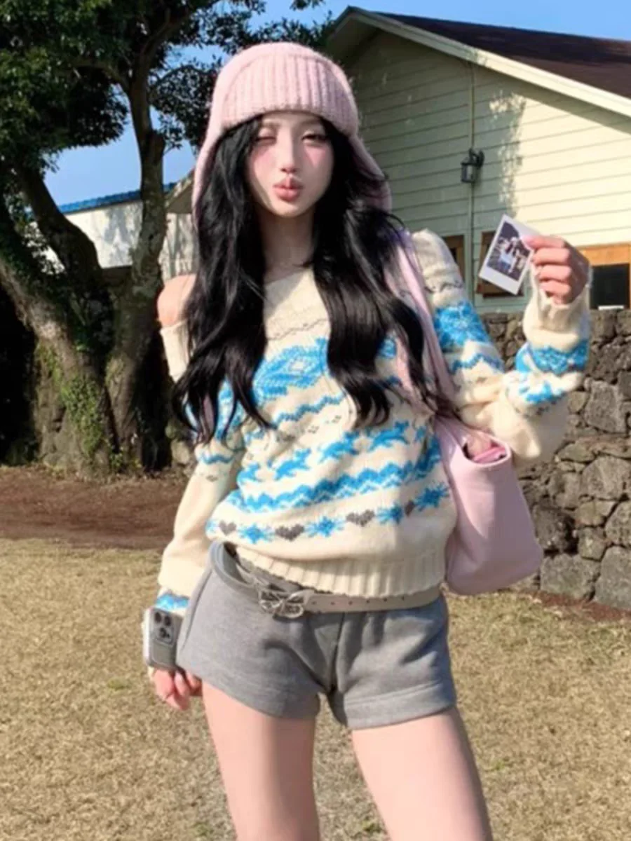 เสื้อสเวตเตอร์ถักลาย Fair Isle สไตล์เรโทรนอร์ดิกสำหรับผู้หญิง ฤดูใบไม้ร่วง ฤดูหนาว ดีไซน์เปิดไหล่ ให้ความรู้สึกหรูหรา สวยงาม
