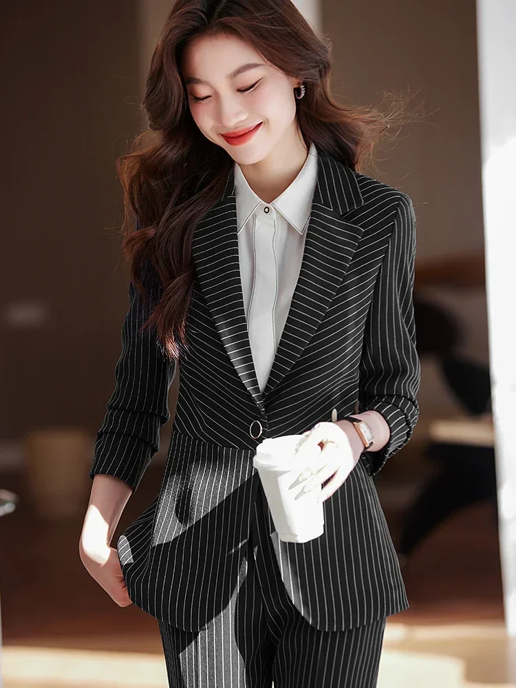 Women's Pant Suit Ladies Black Blue White Stripe Blazer Jacket and Trouser Female Work Wear Formal 2 Piece Set For Autumn Winter