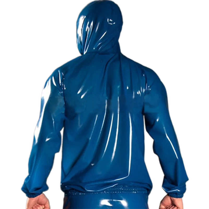 Transparent Blue And Black Sexy Latex Full-zip Sweatshirts With Hoodies Pockets Rubber Tracksuit Sportswear Jacket Coat Top 158