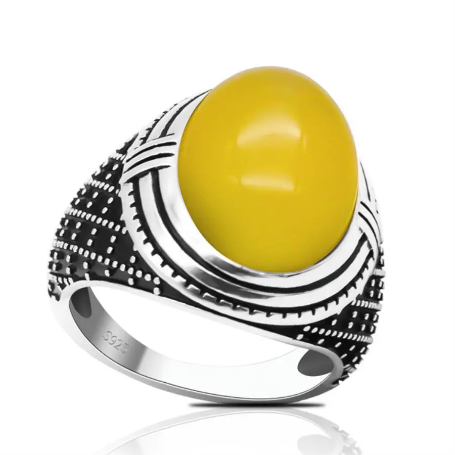

925 Sterling Silver Ring Men Natural Yellow Agate Stone Handmade Vintage Wedding Male Ring Jewelry