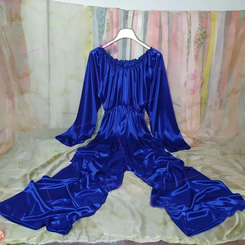 

Autumn Spring Men Glossy Silky Jumpsuit Sexy Women Long Sleeve Loose Wide Leg Pants Waist Elastic Bodysuit Pajamas