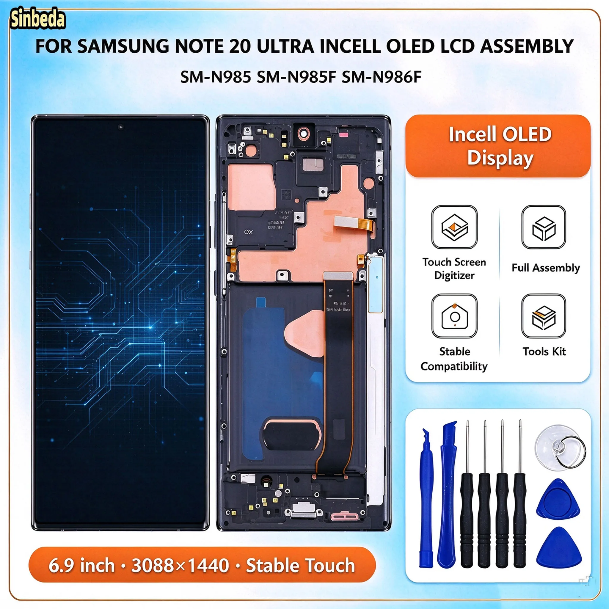 Incell OLED Display For Samsung Galaxy Note 20 Ultra LCD Display With Frame N985F N985 SM-N986F Touch Screen Digitizer Assembly
