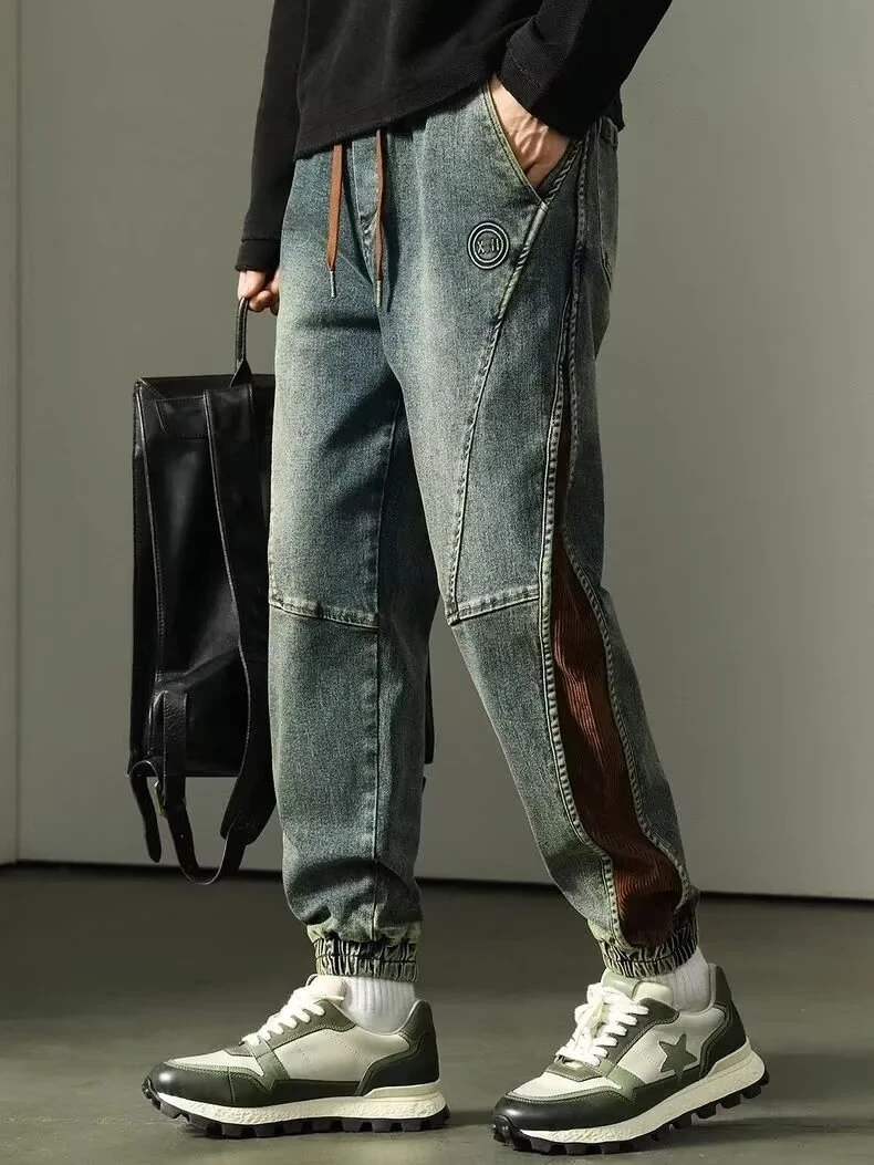 

Мужские винтажные брюки-харлан из вельвета с цветными вставками и эластичным поясом, свободного кроя, осенне-зимние, модные