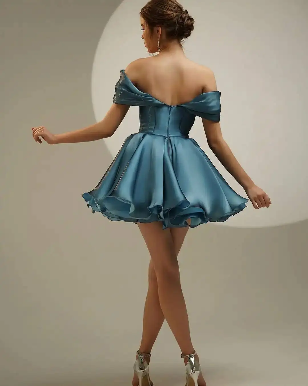Shiny Blue A Line Prom Gowns Off The Shoulder Cocktail Party Gown Knee Length Evening Dress Vestidos De Gala Customized