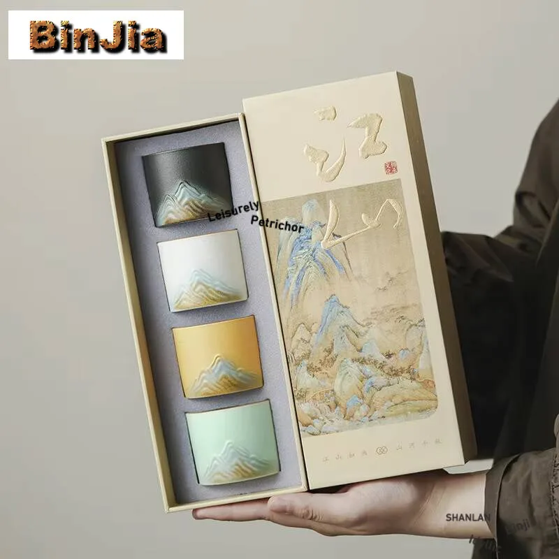 

4pc/set Creative Landscape Cup Gift Set 50 Ml Coarse Pottery Hand Drawn Tea Cups Chinese Style Master's Ceramics Holiday Box