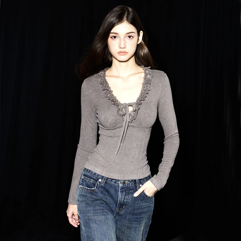 Women's Deep V Neck And Tie Front Long Sleeved Top With Lace Trim