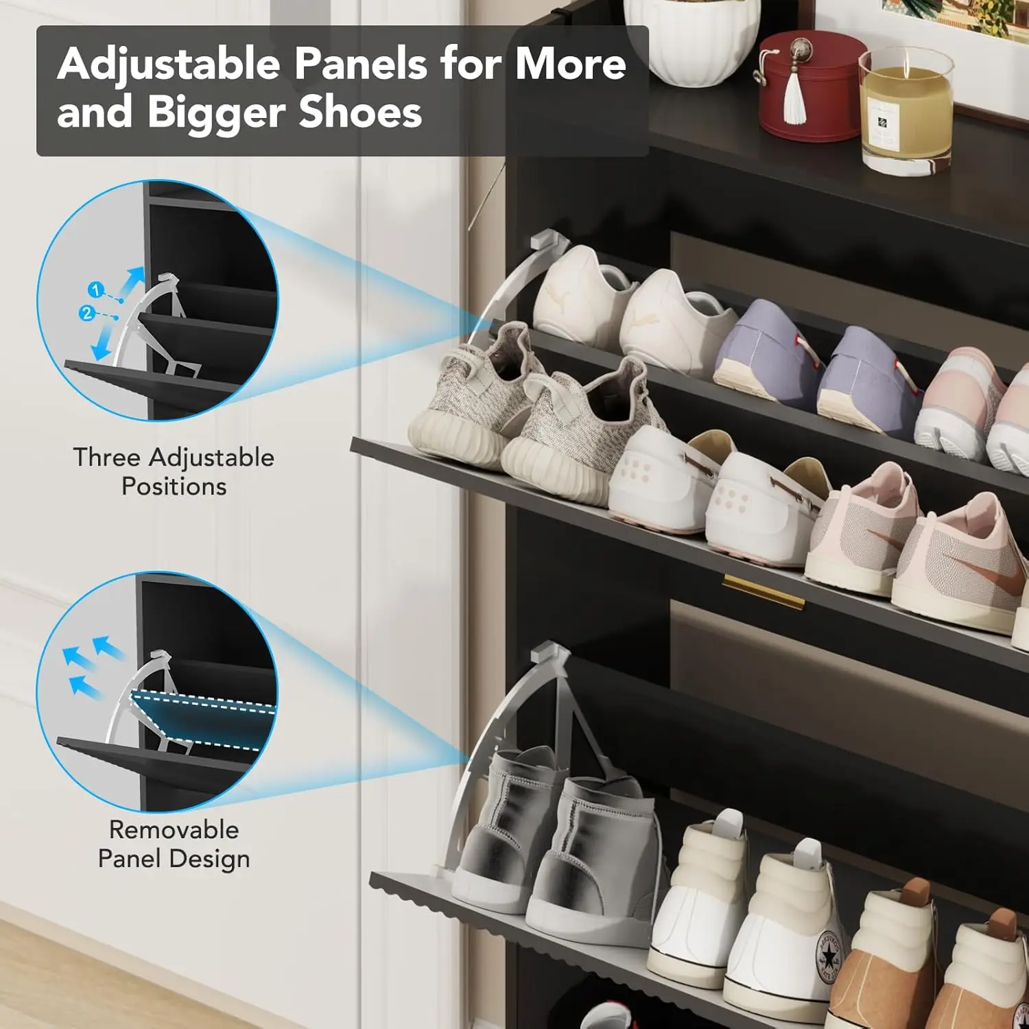 Shoe Cabinet for 24 Pairs, Fits Size 13, Slim Freestanding Shoe Rack Organizer with 2 Flip Drawers & Coat Hooks image 4