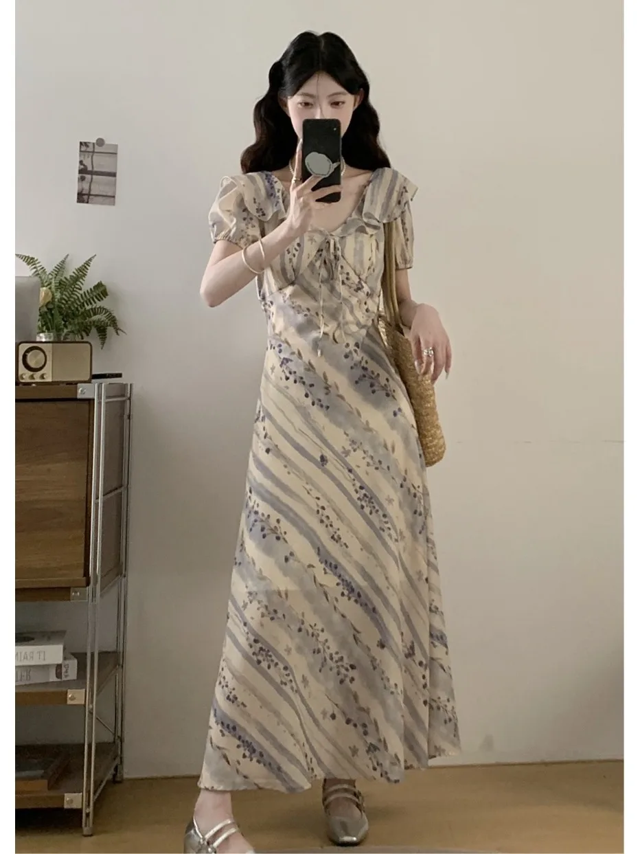 

Новое летнее женское платье больших размеров с цветочным принтом, коротким рукавом, завышенной талией, А-силуэта, длинное, в деловом стиле